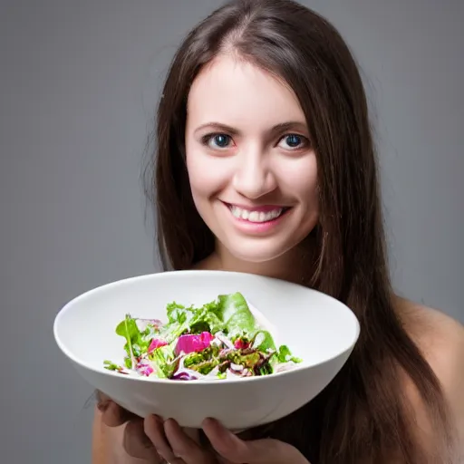 Prompt: female portrait, extremely detailed professional photo, studio lighting, woman with bowl of salad