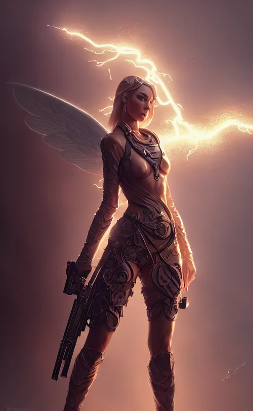 Prompt: full body portrait of a female fantasy angel with a shotgun surrounded by lightning, smooth and sharp, trending on artstation, fine details, elegant, dynamic pose, detailed and intricate environment, professional by tatyana kupriyanova and greg rutkowski and raymond swanland