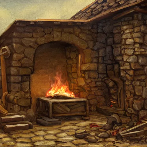 Prompt: detailed painting of a medieval forge, 4 k