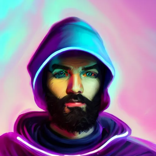 Prompt: a portrait of an ultradetailed futuristic male cyberpunk wearing a hoodie on his head, bearded, deep blue eyes, by dylan kowalski, 8 k, purple neon colours, digital painting, trending on artstation