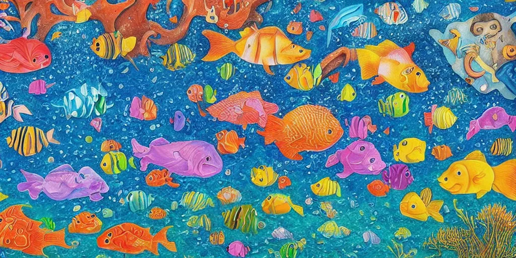 Image similar to a beautiful painting of an elaborate underwater scene painted by bosch and lisa frank, detailed