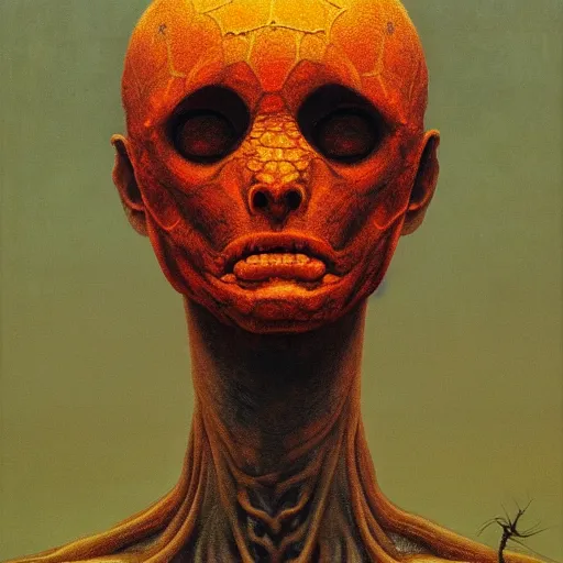 Image similar to a head with spider legs protruding outward from the back of the head, illustrated by zdzislaw beksinski, golden ratio, centered, trending on artstation, 4 k, 8 k, foreboding atmosphere, eerie self - portrait, cgsociety contest winner