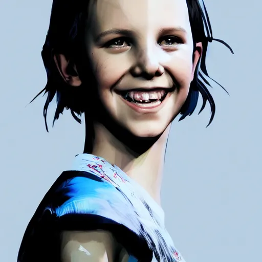 Image similar to Portrait of Millie Bobby Brown smiling by Yoji Shinkawa, octane render