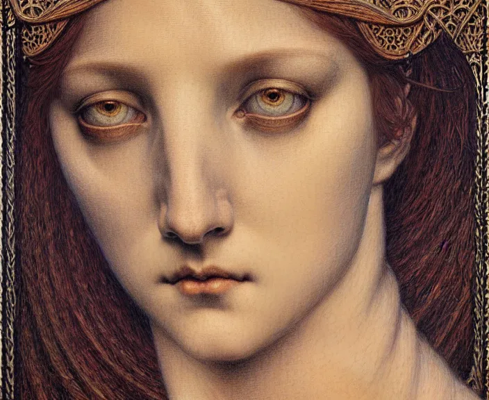 Image similar to detailed realistic beautiful young medieval queen face portrait by jean delville, gustave dore and marco mazzoni, art nouveau, symbolist, visionary, gothic, pre - raphaelite. horizontal symmetry