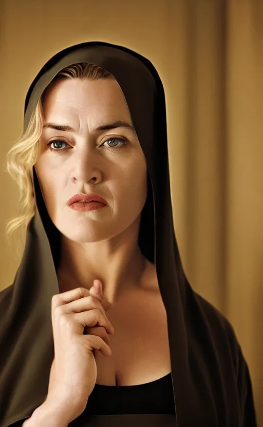 Prompt: kate winslet as a nun, intricate, cinematic lighting, highly detailed, canon 3 5 mm photography, horizontal symmetry, smooth, sharp focus