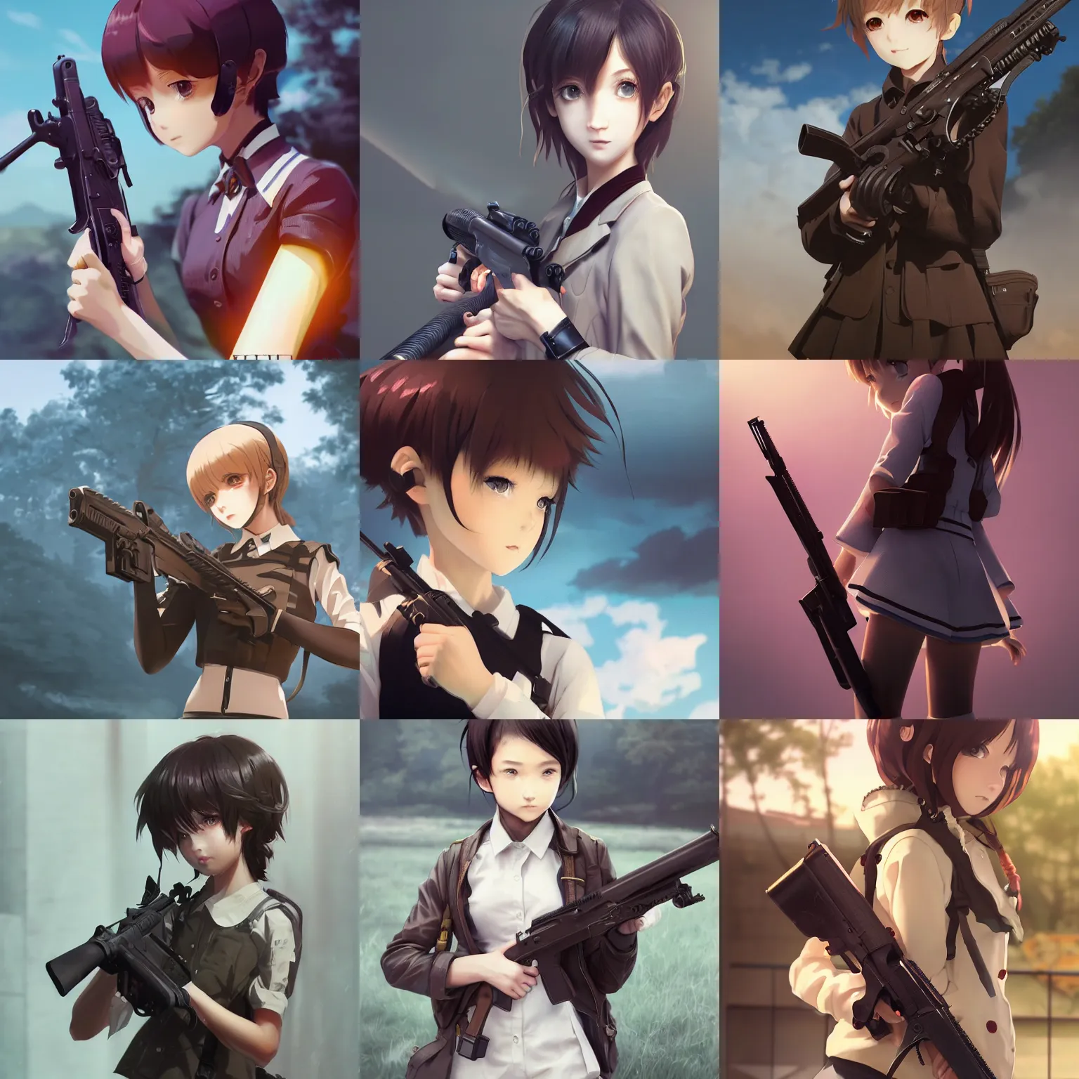 Image similar to worksafe. insanely detailed. by wlop, ilya kuvshinov, krenz cushart, greg rutkowski, pixiv. zbrush sculpt, octane, maya, houdini, vfx. closeup gorgeous attractive young cg anime teen kid schoolgirl, holding a rifle, in luxury advertisement. cinematic dramatic atmosphere, sharp focus, volumetric lighting