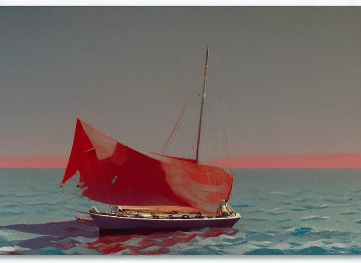 Image similar to woman on a beach, large sailboat with red sails, highly detailed, Edward Hopper and James Gilleard, Zdzislaw Beksinski highly detailed