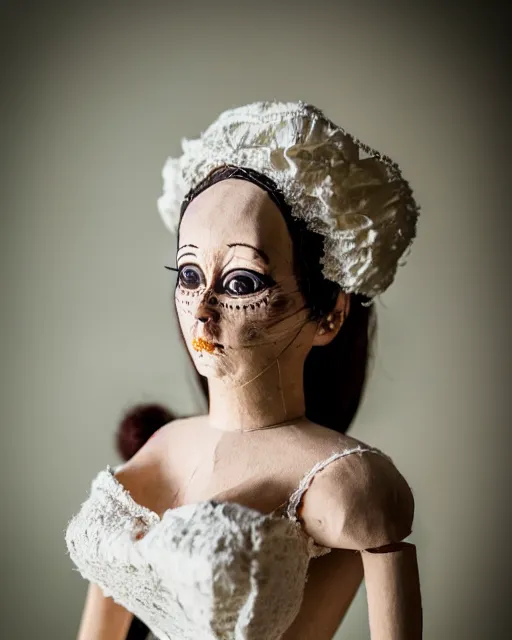 Prompt: a creepy paper mache doll of a very tall bride, realistic, very detailed, complex, intricate, studio lighting, bokeh, sigma 5 0 mm f 1. 4