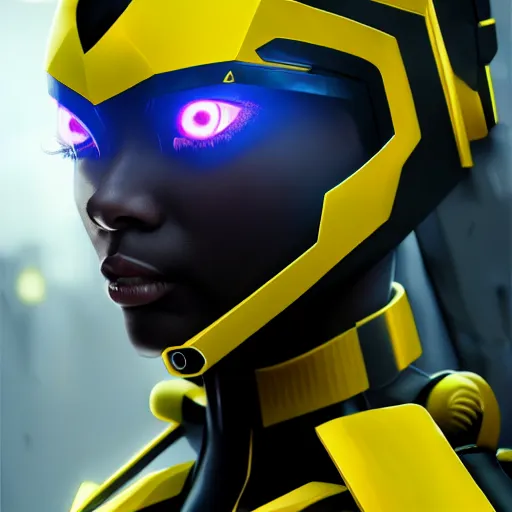 Prompt: A hyperrealistic portrait painting of a cyber warrrior girl wearing futuristic mecha suit, black and yellow shinny color armor, ultradetailed face expression trending on artstation and artbreeder, cyberpunk color feel raining at tokyo midnight rooftop, unreal 5, DAZ, 8k, unreal 5 engine render, cosplay, RPG portrait, final fantasy Vll world concept, dramatic lighting, rim lights, PS5 render quality