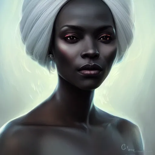 Image similar to a detailed matte oil on canvas head on symmetrical portrait of black skinned woman with long white hair, clothed by charlie bowater, lise deharme, wlop, trending on artstationhd, dungeons and dragons art critical role