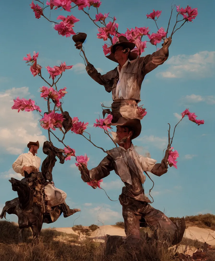 Image similar to a cowboy turning into blooms by slim aarons, by zhang kechun, by lynda benglis. tropical sea slugs, angular sharp tractor tires. complementary bold colors. photo of a manly cowboy. warm soft volumetric dramatic light. national geographic. 8 k, rendered in octane, smooth gradients. angular sculpture by antonio canova by gian lorenzo bernini.