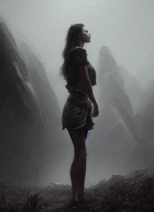 Image similar to epic portrait cinematic shot an female standing infront of an giant in the hills, cloudy, foggy, storm, lighting strikes, fine details. night setting. realistic shaded lighting poster by craig mullism, artgerm, jeremy lipkin and michael garmash, unreal engine, radiant light, detailed and intricate environment, digital art, trending on art station,