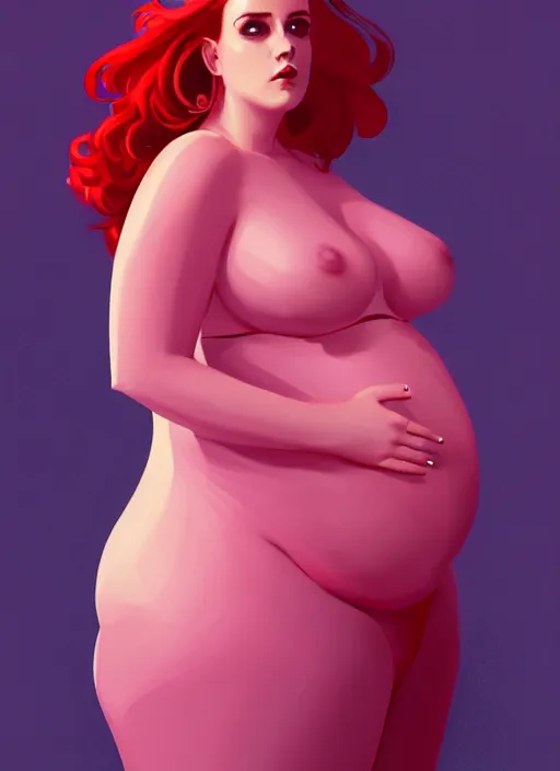 Image similar to full body portrait of teenage cheryl blossom, obese, bangs, sultry, realistic, red hair, sultry smirk, wavy hair, pink skirt, fat, belly, intricate, elegant, glowing lights, highly detailed, digital painting, artstation, concept art, smooth, sharp focus, illustration, art by wlop, mars ravelo and greg rutkowski