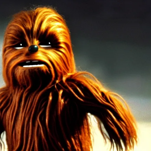 Prompt: mr. bean as chewbacca from star wars. movie still. cinematic lighting.