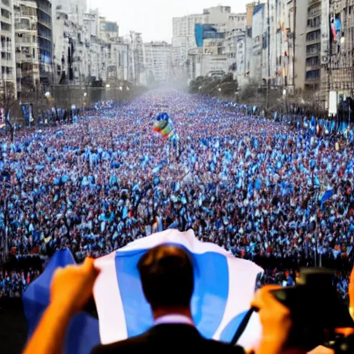 Image similar to Lady Gaga as president, Argentina presidential rally, Argentine flags behind, bokeh, giving a speech, detailed face, Argentina