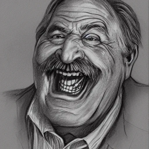 Image similar to ernest hemmingway laughing, demented, scary pencil sketch