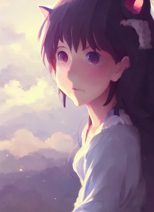 Image similar to portrait of cute catgirl, cloudy sky background lush landscape illustration concept art anime key visual trending pixiv fanbox by wlop and greg rutkowski and makoto shinkai and studio ghibli