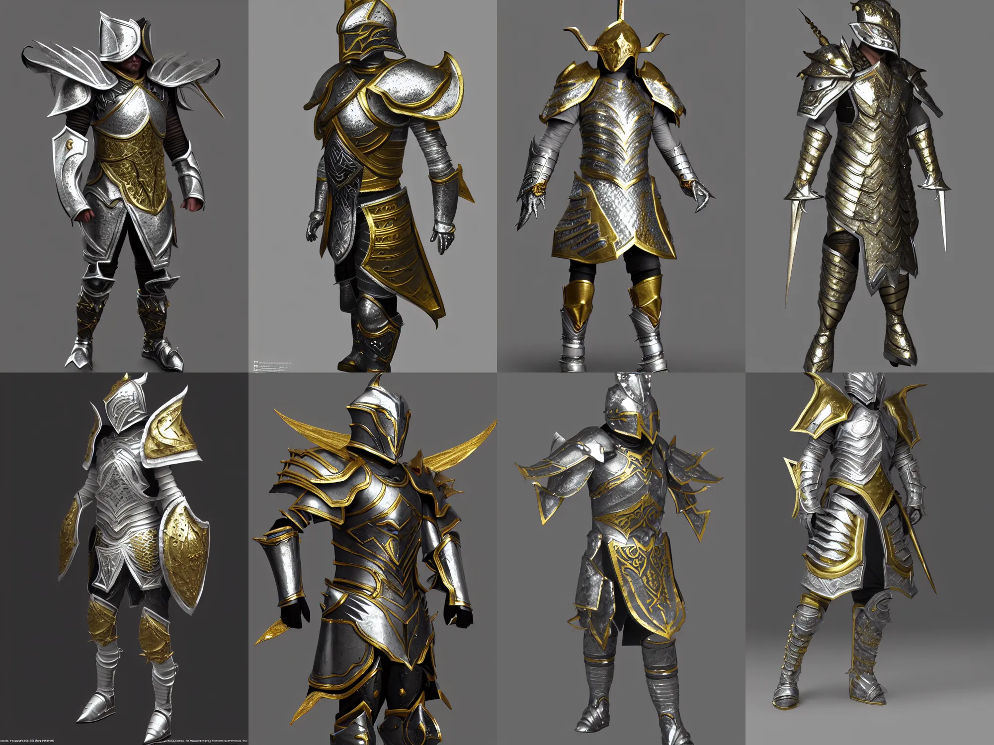 Prompt: render of fancy fantasy warrior armor, silver with gold trim, hyperrealistic, extremely clean, flat shading, exaggerated proportions, trending on Artstation, fantasy character concept, HD Octane render, 8k