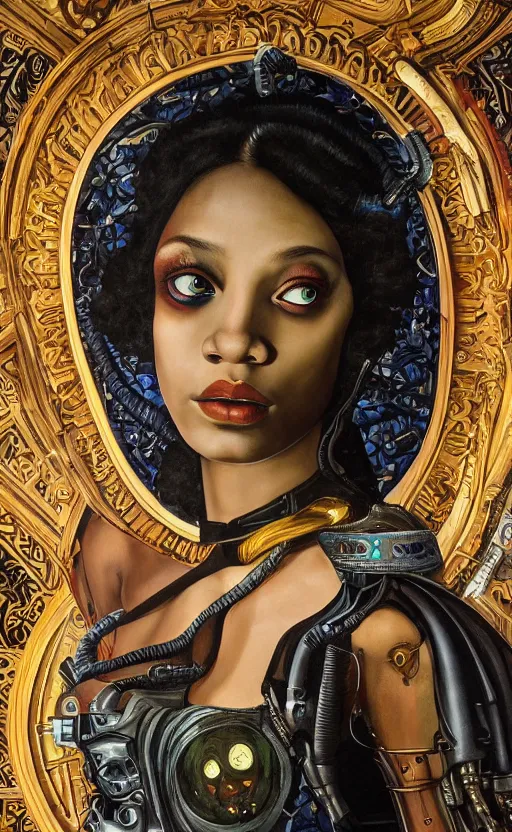 Prompt: beautifully painted mural of a stunning young cyborg muse in ornate royal fabric, black skin, piercing glowing eyes, sci fi scenery, mural in the style of sandro botticelli, caravaggio, albrecth durer