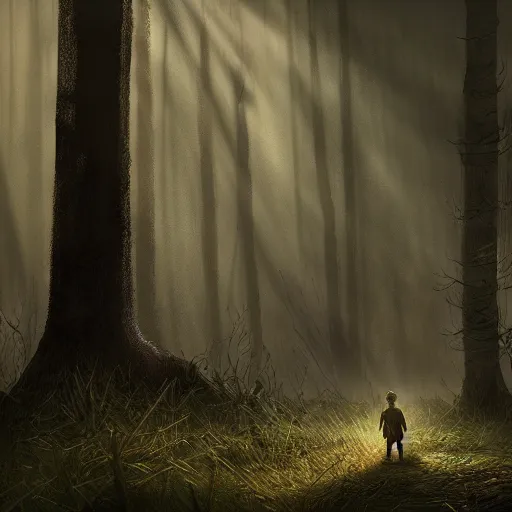 Image similar to a lost boy in the woods, horror, eldritch, unreal engine, dramatic lighting, digital art, mist, digital illustration, detailed environment, fantasy