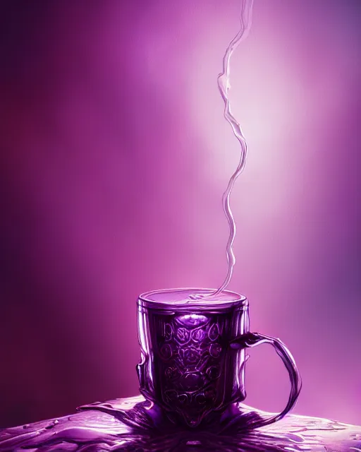 Image similar to cup of codeine, purple liquid in cup glowing, fantasy, dramatic, intricate, elegant, highly detailed, digital painting, artstation, concept art, smooth, sharp focus, illustration, art by Gustave Dore, octane render