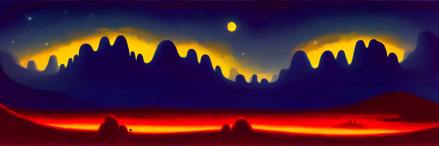 Image similar to cartoon paul lehr narrow night landscape with farawaymountains dark blue tones