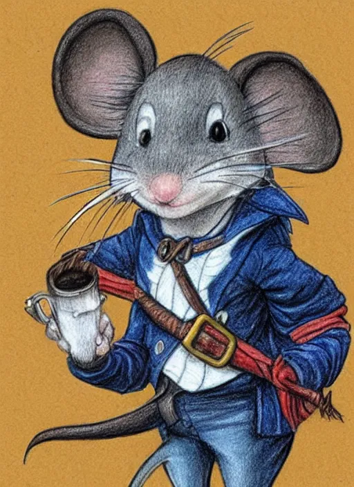 Image similar to detailed colored pencil drawing of an anthropomorphic mouse as a pirate