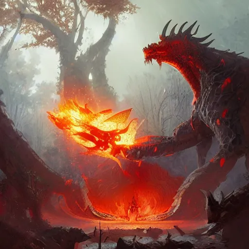 Prompt: A ferocious ember beast guarding the sacred grove, with scales burning red hot from the heat, DnD digital concept art by Greg Rutkowski