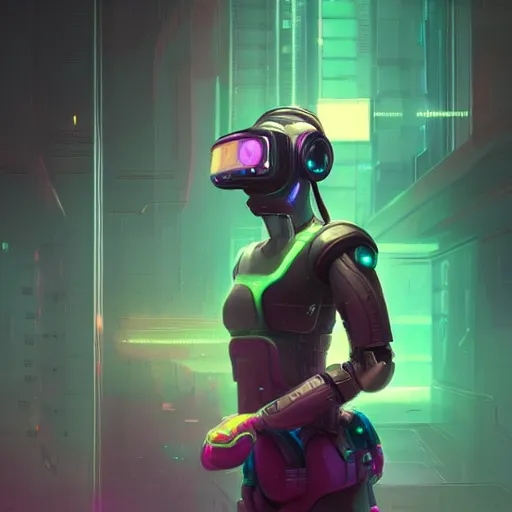 Image similar to cyberpunk concept cool warrior girl bot, galaxy, ufo, space sci - fi, wearing vr goggles, illustration, portrait, pastel neon textured background night, trending on artstation, greg rutkowski, octane rendered, 1 2 k, detailed,