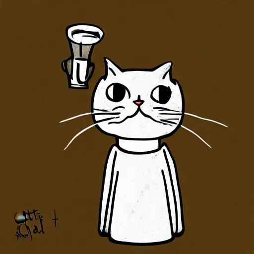 Prompt: cat standing thinking in existence with a cup in the hand, digital art, trending on arstation