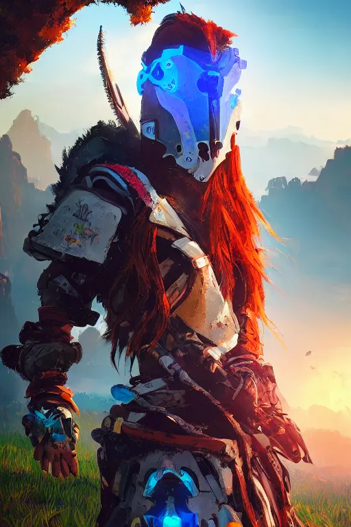 Image similar to combination suit armor aloy horizon forbidden west horizon zero dawn radiating a glowing aura global illumination ray tracing hdr fanart arstation by ian pesty and alena aenami artworks in 4 k tribal robot ninja mask helmet backpack