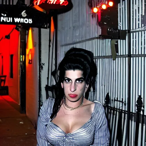 Image similar to amy winehouse in front of club 2 7 at night,