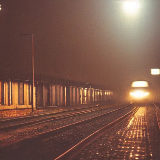 Image similar to 1990s perfect 8K HD professional cinematic photo of a train in dystopian city, at evening during rain, at instagram, Behance, Adobe Lightroom, with instagram filters, depth of field, taken with polaroid kodak portra