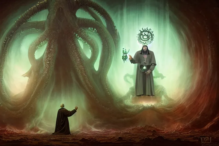 Image similar to 4 k hyperrealistic photorealistic matte painting photography of group circle pope priest in an invoking ritual in front of a viscosity cthulhu within a lovecraft portal, wide - angle portrait, atmospheric lighting, rich deep colors masterpiece, fractal crystals, fantasy portrait by tom bagshaw