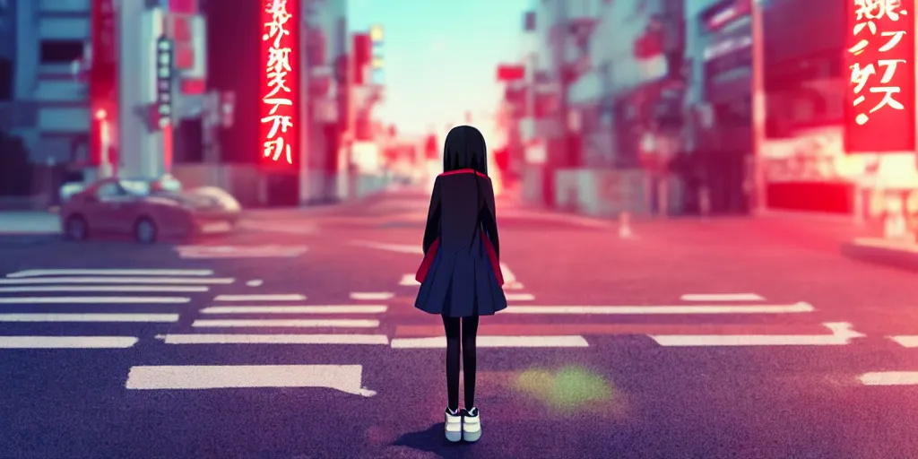 Prompt: a beautiful anime girl with black long hair wearing japanese uniform high school waiting for crosswalk under the red light, tokyo city background, makoto shinkai style, anime style digital art, 8 k