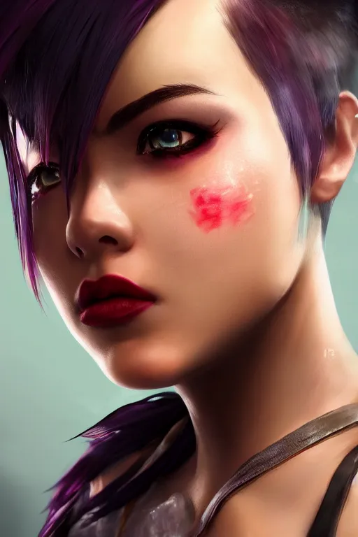 Image similar to ultra realistic facial portrait of vi from league of legends, digital art, character portrait, highly detailed, trending on artstation, lens flare, atmosphere, hyper realistic, cinematic lightning, sharp focus, unreal engine 5, extreme details perfect face, pretty face, fine - face, illustration, 8 k, ultra texture, masterpiece