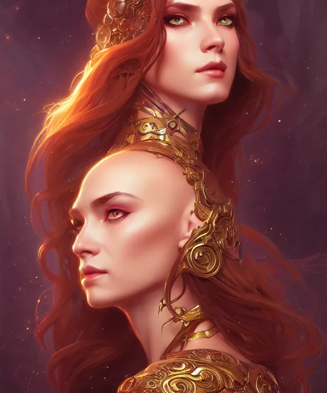 Image similar to fantasy magic woman portrait, sci-fi, amber eyes, face, long hair, fantasy, intricate, elegant, highly detailed, digital painting, artstation, concept art, smooth, sharp focus, illustration, art by artgerm and greg rutkowski and alphonse mucha