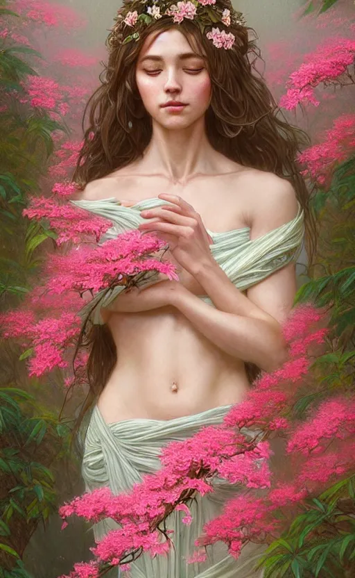 Image similar to portrait of a goddess of azaleas! covered in flowers!, half body, perfect face!!, d & d, fantasy, intricate, elegant, highly detailed, digital painting, artstation, concept art, smooth, sharp focus, illustration, art by artgerm and greg rutkowski and alphonse mucha