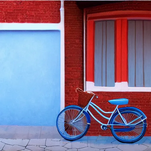 Image similar to a baby blue bike with a flower basket and white tires standing sideways next to a brick red wall, centered, matte painting, dusk, fashion, by rozalski and peter ilsted, artstation