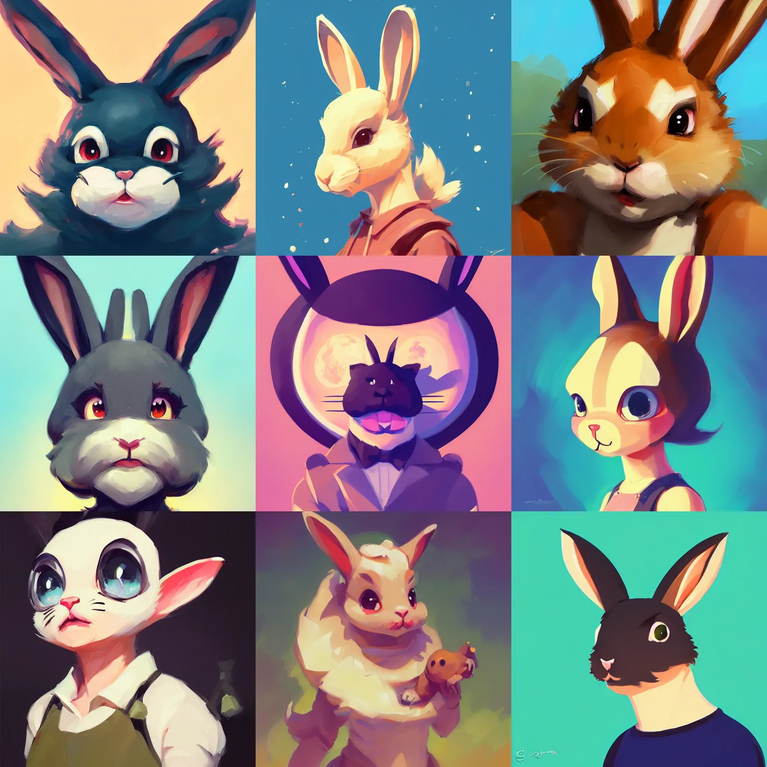 Prompt: cartoony, cute kawaii greg manchess portrait painting of a rabbit bunny animal character, head shot, splashscreen, organic painting, cartoon, anthro anthropomorphic character, humanized, protagonist matte painting, bold shapes, hard edges, app icon, moon in background, trending on artstation, by sachin teng, artgerm, rossdraws