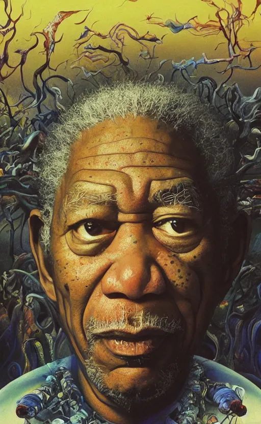 Image similar to ultrawide angle colour masterpiece surreal closeup portrait photography of morgan freeman playing on stage by miho hirano and annie leibovitz and michael cheval, weird surreal epic psychedelic complex biomorphic 3 d fractal landscape in background by kilian eng and roger dean and salvador dali and beksinski, 8 k