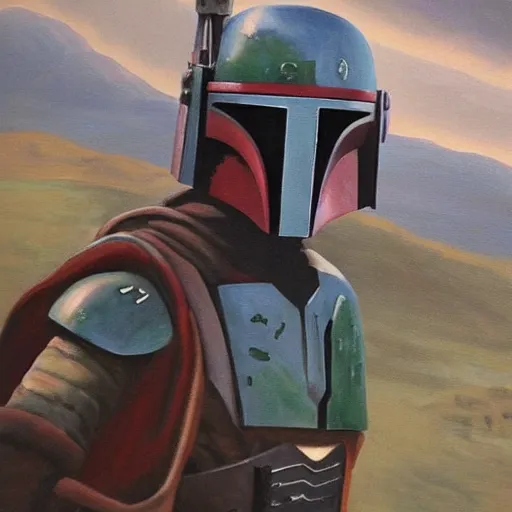 Image similar to Boba Fett staring at his bounty target from a distance, oil painting