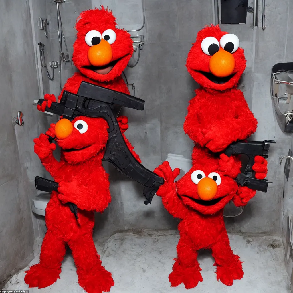 Image similar to Elmo is standing in the middle of a disgusting bathroom while holding a kalashnikov ak47