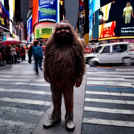 Image similar to a confused looking caveman in the middle of times square, high quality, high resolution