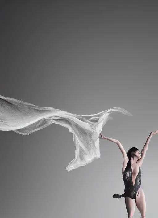 Image similar to a photorealistic dramatic hyperrealistic render of a glamorous beautifulanime in bikini dancer by ken brower and deborah ory of nyc dance project, lois greenfield, flowing cloth and smoke, beautiful dynamic dramatic dark moody lighting, volumetric, shadows, cinematic atmosphere, octane render, 8 k