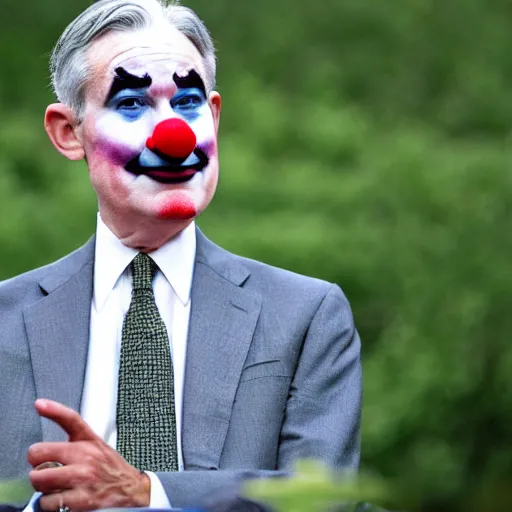 Image similar to Jerome Powell with colorful clown makeup all over his face whiteface