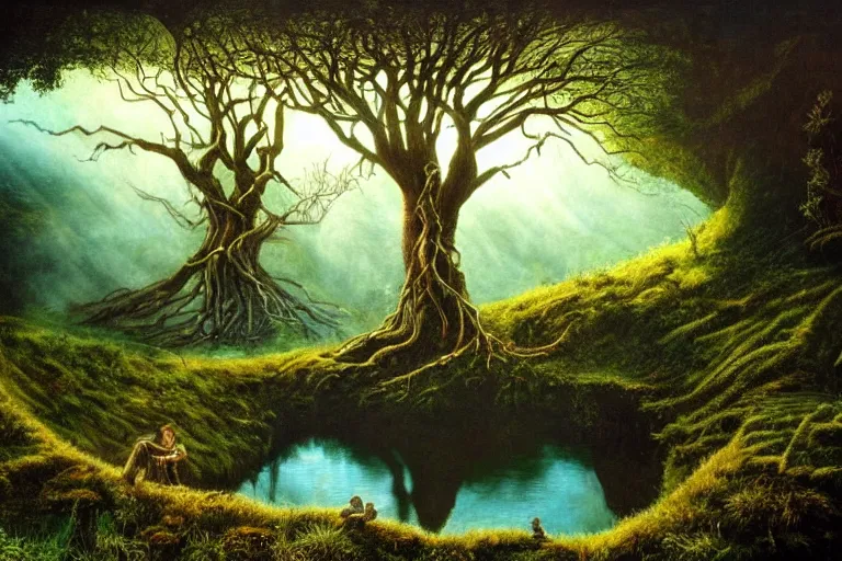 Prompt: masterpiece painting of lord of the rings tree of life on a hillside overlooking a creek, dramatic lighting, by andreas franke