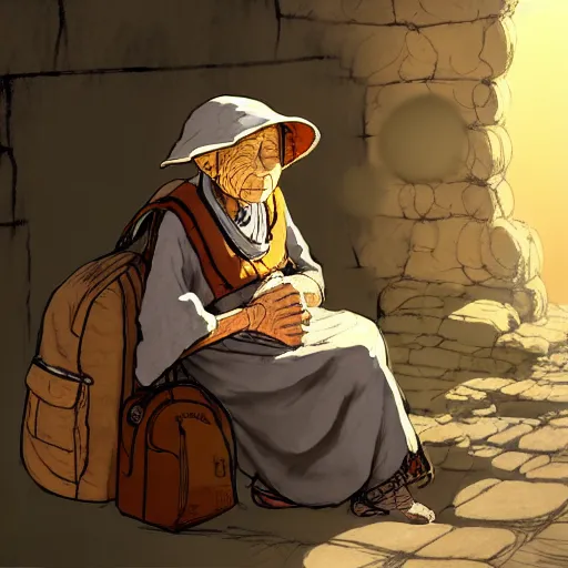 Prompt: concept art, an old woman merchant sitting against a stone wall wearing a backpack piled high with textiles, earth tones, dust particles in the air, early morning golden light, in the style of yoshitaka amano W 704