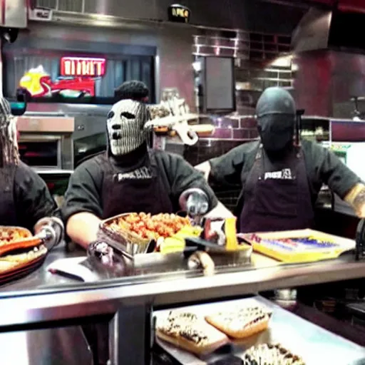 Image similar to a movie screenshot, slipknot band members working in a fast food restaurant, high quality, high detail