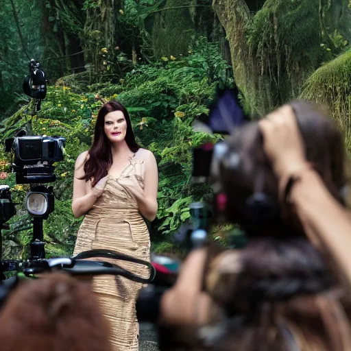 Image similar to stunning live footage of news anchorwoman liv tyler reporting from lothlorien interviewing arwen, lord of the rings movie, by daniella zalcman, directed by peter jackson, highly detailed, canon eos r 3, f / 1. 4, iso 2 0 0, 1 / 1 6 0 s, 8 k, raw, symmetrical balance